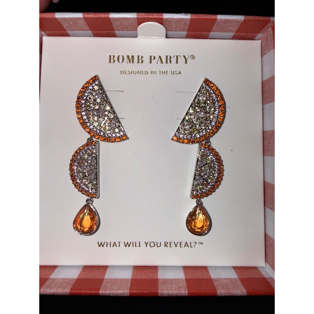 Bomb Party Picnic Collection Orange Citrus Crystal Tiered Drop Earrings